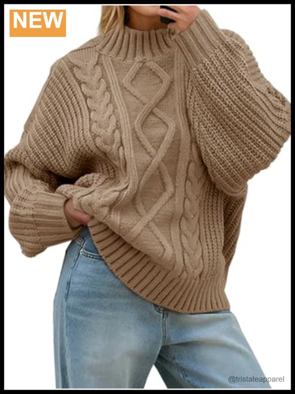 Women's Oversized Cable Knit Sweater Chunky Mock Neck Button Pullover
